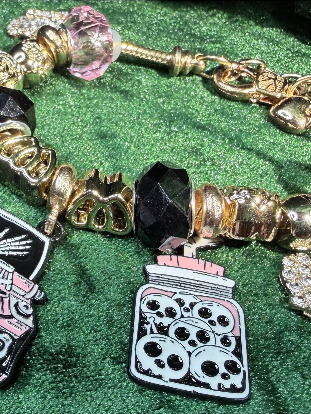 New Halloween Charm Bracelet with Black and Pink Accents Skull Typewriter